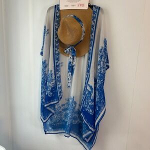 Marcus Adler Ruana & Matching Hat Set Blue White Floral Print One Size READ DESC